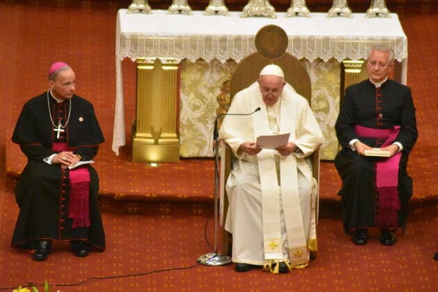 July 28, 2022, Quebec, Canada: Pope Francis was welcomed with warm reception as he delivers remarks at mass at Notre-Dame de Quebec Basilica-Cathedral in Quebec, Canada with church capacity filled up, some believers on standing ovation while others cheer from outside the church. The Pope presides over Evening Prayer with consecrated people, seminarians and pastoral workers. Pope Francis is on a six-day tour of Canada aimed at reconciliation with Indigenous Peoples for the Roman Catholic Church™s role in residential schools.  Copyright: xKylexMazzax