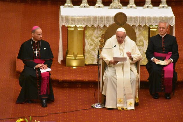 July 28, 2022, Quebec, Canada: Pope Francis was welcomed with warm reception as he delivers remarks at mass at Notre-Dame de Quebec Basilica-Cathedral in Quebec, Canada with church capacity filled up, some believers on standing ovation while others cheer from outside the church. The Pope presides over Evening Prayer with consecrated people, seminarians and pastoral workers. Pope Francis is on a six-day tour of Canada aimed at reconciliation with Indigenous Peoples for the Roman Catholic Church™s role in residential schools.  Copyright: xKylexMazzax