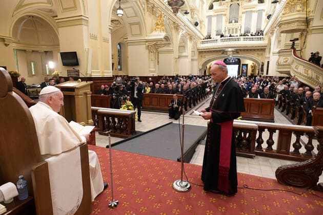 Canada, Quebec City,2022 07 28 Pope Francis presiding over an evening prayer service at the Basilique-cathedral Notre-Dame in Quebec, Canada, Photograph by Vatican Mediia Catholic Press Photo . RESTRICTED TO EDITORIAL USE - NO MARKETING - NO ADVERTISING CAMPAIGNS.  Copyright: xVATICANxMEDIAx xipa-agency.netx xVaticanxMediax