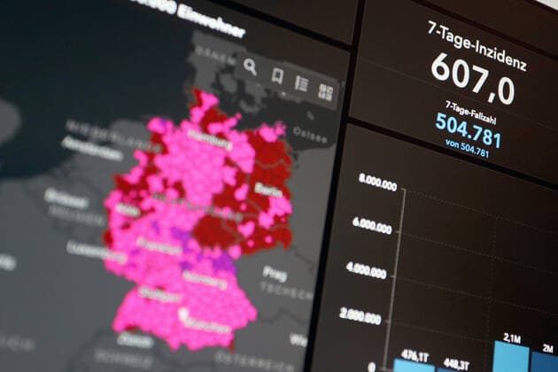 RKI dashboard, 7 day incidence is now 607.0 7 day incidence, RKI dashboard on a monitor on 29 07 2022 in Siegen Germany.
