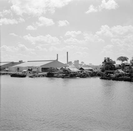 Poll photo collection. Netherlands Antilles and Suriname at the time of the royal visit of Queen Juliana and Prince Bernhard in 1955. The factory of the Billiton Society at the Surinamer River in Suriname, seen from the MS. Nestor. October 1, 1955. Suriname Copyright: xpiemagsx pienatarchpart630102021-23039 !ACHTUNG AUFNAHMEDATUM GESCHÄTZT!