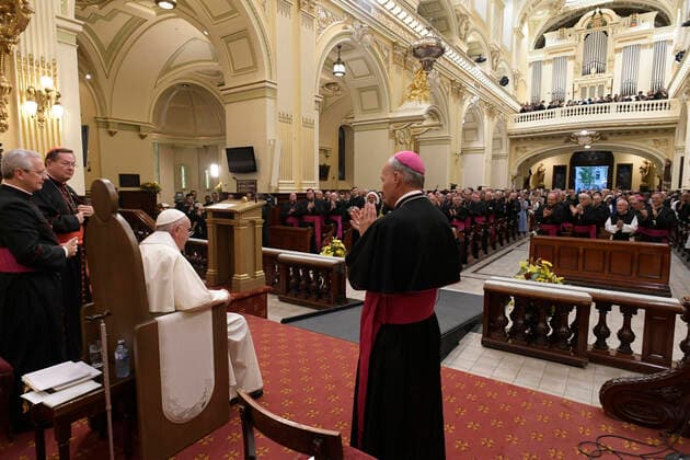 July 29, 2022, Quebec, Canada: This handout provided by Vatican Media Press Office shows Pope Francis during the celebration of Vespers in the Cathedral of Notre-Dame with the bishops and other representatives of the Canadian clergy, Quebec, Canada 29 July 2022. ANSA Vatican Media Press Office handout Quebec Canada  - ZUMAa110 20220729_zaf_a110_002 Copyright: xVaticanxMediaxPressxOfficexHandox