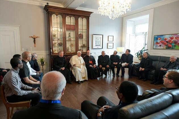 Canada, Quebec City,2022 07 29 Pope Francis during Meeting with Members of the Society of Jesus present in Canada Quebec City, Canada, Photograph by Vatican Mediia Catholic Press Photo . RESTRICTED TO EDITORIAL USE - NO MARKETING - NO ADVERTISING CAMPAIGNS.  Copyright: xVATICANxMEDIAx xipa-agency.netx xVaticanxMediax