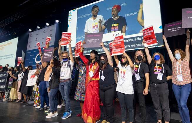 July 29, 2022, Montreal, PQ, Canada: Protesters take the stage during the opening ceremony of the AIDS 2022 conference in Montreal on Friday, July 29, 2022. Montreal Canada  - ZUMAc35_ 20220729_zaf_c35_016 Copyright: xPaulxChiassonx