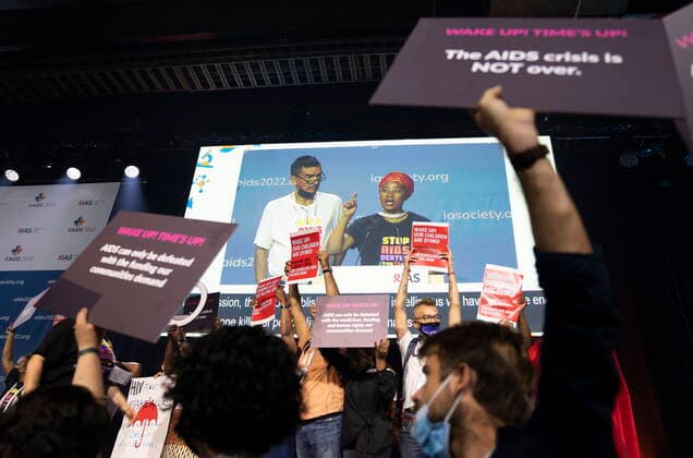 July 29, 2022, Montreal, PQ, Canada: Protesters take the stage during the opening ceremony of the AIDS 2022 conference in Montreal on Friday, July 29, 2022. Montreal Canada  - ZUMAc35_ 20220729_zaf_c35_025 Copyright: xPaulxChiassonx