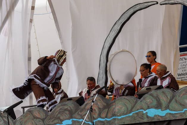 July 29, 2022, Iqaluit, NU, Canada: Inuit artists perform prior to the arrival of Pope Francis in Iqaluit, Nunavut on Friday, July 29, 2022. Iqaluit Canada  - ZUMAc35_ 20220729_zaf_c35_155 Copyright: xDustinxPatarx