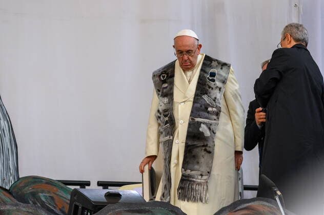 July 29, 2022, Iqaluit, NU, Canada: Pope Francis readies to lead a prayer during his visit to Iqaluit, Nunavut on Friday, July 29, 2022. Iqaluit Canada  - ZUMAc35_ 20220729_zaf_c35_172 Copyright: xDustinxPatarx