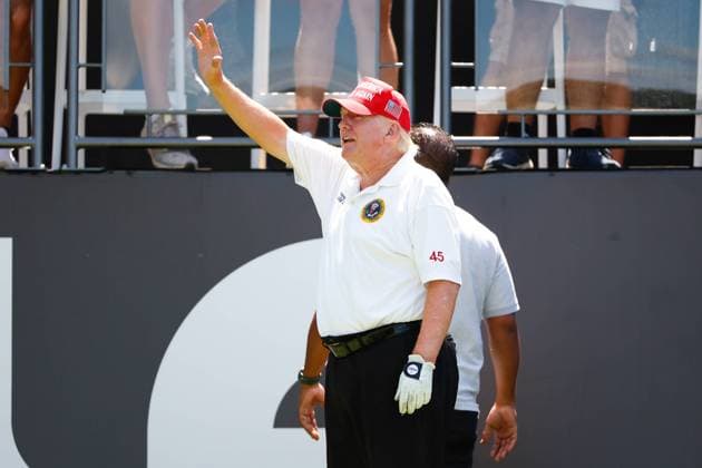 BEDMINSTER, NJ - JULY 30: Former President Donald Trump at the 1st tee prior to the start of the second round of LIV golf invitational series on July 30, 2022 in Bedminster, New Jersey. (Photo by Rich Graessle Icon Sportswire) Icon1013521581