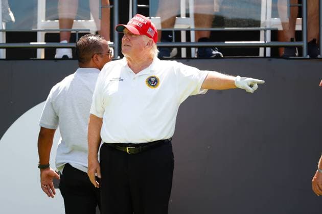 BEDMINSTER, NJ - JULY 30: Former President Donald Trump at the 1st tee prior to the start of the second round of LIV golf invitational series on July 30, 2022 in Bedminster, New Jersey. (Photo by Rich Graessle Icon Sportswire) Icon1013521589