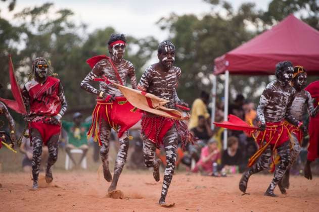GARMA FESTIVAL 2022, Dancers are seen during the evening ceremonial Bungul at the Garma Festival in northeast Arnhem Land, Northern Territory, Sunday, July 31, 2022. The push to get an Indigenous voice in federal parliament is expected to be a key theme at this weekend?s Garma Festival in northeast Arnhem Land. ( NO ARCHIVING, EDITORIAL USE ONLY, NO USE IN BOOKS WITHOUT CONSENT DARWIN AUSTRALIA  Copyright: xAARONxBUNCHx 20220731001685180135