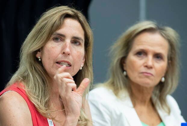 July 31, 2022, Montreal, PQ, Canada: Marina Klein, Research Director and Professor of Medicine at the Division of Infectious Diseases at McGill University, left, and Sharon Lewin, International AIDS Society President-Elect speak during a roundtable discussion on monkeypox the AIDS 2022 conference in Montreal, Sunday, July 31, 2022. Montreal Canada - ZUMAc35_ 20220731_zaf_c35_004 Copyright: xGrahamxHughesx