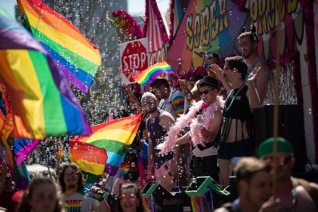 July 31, 2022, VANCOUVER, BC, CANADA: Bubbles fill the air as people stand on a float while others march along side during the Vancouver Pride Parade, in Vancouver, on Sunday, July 31, 2022. VANCOUVER CANADA  - ZUMAc35_ 20220731_zaf_c35_044 Copyright: xDarrylxDyckx