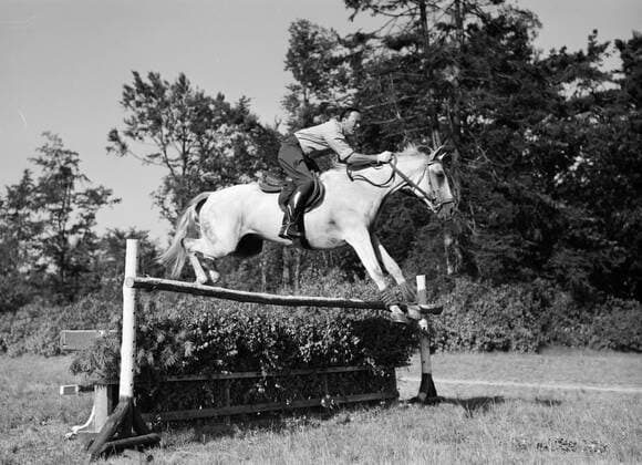 Poll photo collection. Prince Bernhard as a jumping rider. Prince Bernhard jumps with his horse over an obstacle. undated Copyright: xpiemagsx pienatarchpart72010201-16304 !ACHTUNG AUFNAHMEDATUM GESCHÄTZT!