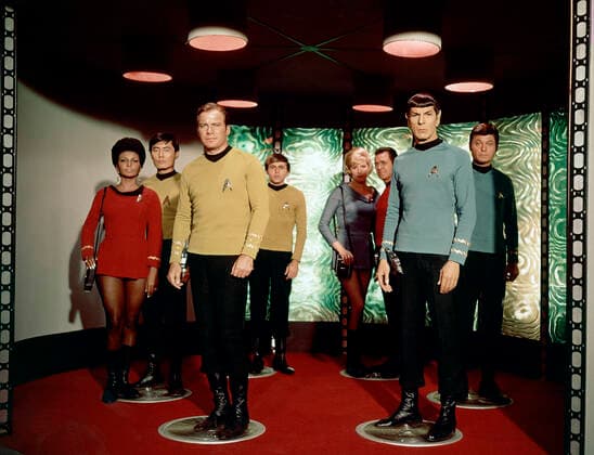 Studio Publicity: Star Trek circa 1965 NBC Nichelle Nichols, George Takei, William Shatner, Walter Koenig, Majel Barrett, James Doohan, Leonard Nimoy, DeForest Kelley  Copyright: xThexLegacyxCollectionx The Hollywood Archive