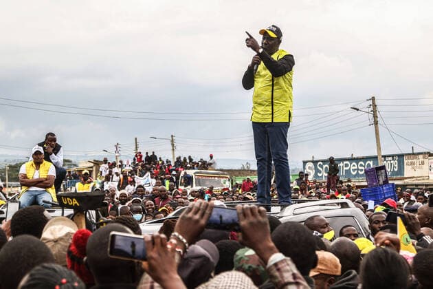 August 1, 2022, Nakuru, Rift Valley, Kenya: Kenya Kwanza Alliance Presidential flag bearer, William Ruto speaks to his supporters who thronged his campaign rally at Salgaa Trading Centre ahead of the general elections. Kenya is heading to a highly contested presidential race, with opinion polls showing Raila Odinga and William as the front runners in an election with four presidential candidates. Nakuru Kenya - ZUMAs197 20220801_zaa_s197_087 Copyright: xJamesxWakibiax