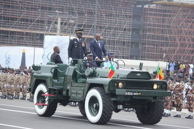 (220801) -- COTONOU, Aug. 1, 2022 -- Beninese President Patrice Talon (C-R) reviews the armed forces during celebrations marking the 62nd anniversary of Benin s independence in Cotonou, Benin, on Aug. 1, 2022. (Photo by Xinhua) BENIN-COTONOU-INDEPENDENCE-62ND ANNIVERSARY SeraphinxZounyekpe 