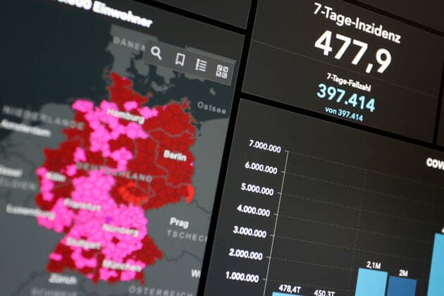 Dashboard of the RKI, the 7 day incidence continues to decline and is now below 500 It is now at 477.9 7 day incidence, dashboard of the RKI on a monitor on 03 08 2022 in Siegen Germany