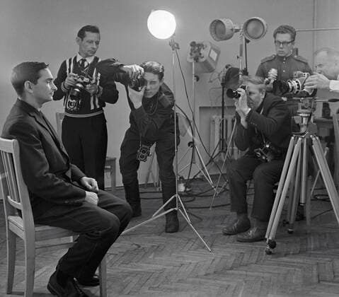 BYKOVSKY 23730 20.07.1963 Cosmonaut Valery Bykovsky (left, seated) posing for photo correspondents. Valeriy Shustov Sputnik Moscow Russia  Copyright: xValeriyxShustovx