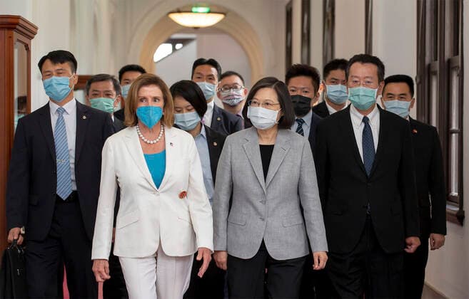 August 3, 2022, Taipei, Taiwan, Republic of China: Taiwan President TSAI ING-WEN, right, escorts U.S. Speaker of the House Nancy Pelosi, and delegates prior to their meetings at the presidential office in Taipei, Taiwan. Pelosi is leading a delegation of congressional leaders in a visit that has angered China. Taipei Republic of China - ZUMAp138 20220803_zaa_p138_058 Copyright: xWangxYuxChing TaiwanxPresidentiax