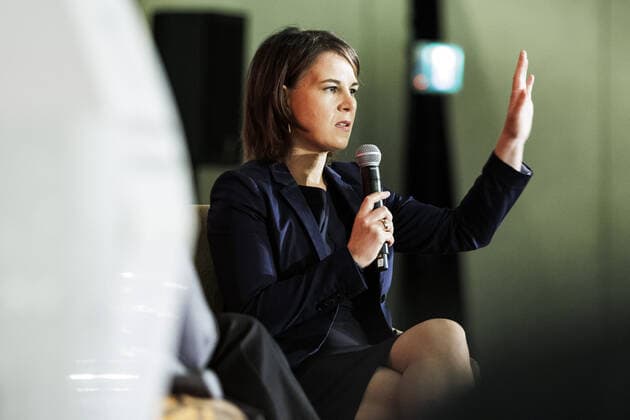 Annalena Baerbock, German Foreign Minister, pictured at a Fireside Chat on Tackling the Challenges of our Time, Together , with Melanie Joly, Minister of Foreign Affairs of Canada, not pictured here moderated by Michel Leblanc, President of the Montreal Chamber of Commerce not pictured here Montreal, 03 08 2022 Montreal Canada Copyright: xJaninexSchmitz photothek.dex
