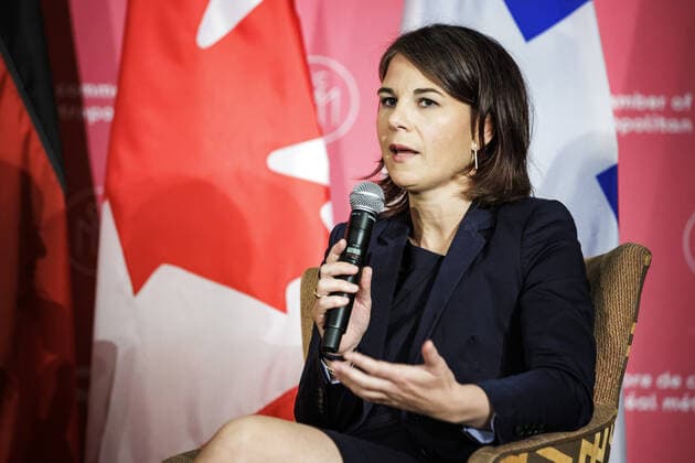Annalena Baerbock, German Foreign Minister, pictured at a Fireside Chat on Tackling the Challenges of our Time, Together , with Melanie Joly, Minister of Foreign Affairs of Canada, not pictured here moderated by Michel Leblanc, President of the Montreal Chamber of Commerce not pictured here Montreal, 03 08 2022 Montreal Canada Copyright: xJaninexSchmitz photothek.dex