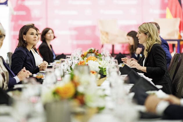 Annalena Baerbock, German Foreign Minister, and Melanie Joly, Minister of Foreign Affairs of Canada, recorded before a Fireside Chat on Tackling the Challenges of our Time, Together , moderated by Michel Leblanc, President of the Montreal Chamber of Commerce Montreal, 03 08 2022 Montreal Canada Copyright: xJaninexSchmitz photothek.dex