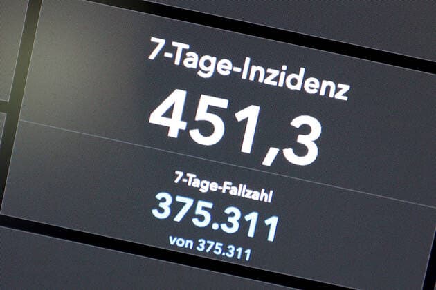 RKI dashboard, 7 day incidence is now 451.3 7 day incidence, RKI dashboard on a monitor on 04 08 2022 in Siegen Germany.