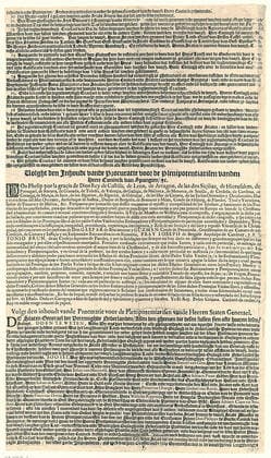 Treatment of the Munster Peace (fifth sheet), 1648; Tractaet van Peace, the Derenichsten said January deses and eight and eight and susticity in the city of Munster in Westpwen, between the sleeping and grandmiths Prince Phillips the fourth of that Naam, Coninck of Hispannien, & c. Terue, and the Hoogh Morning Lord States Generael Vande de Meunde Nederlanden, to another side. The tract of the Peace of Munster in 1648; The fifth sheet with Articles 70-79 and the content of the proceedings for the envoys of the King of Spain and of the States General. Text in one column in Dutch. Copyright: xpiemagsx rikmpie02032021-9281 !ACHTUNG AUFNAHMEDATUM GESCHÄTZT!