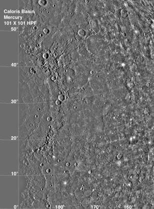 Caloris Basin on Mercury, is one of the largest basins in the solar system, its diameter exceeds 1300 kilometers and is in many ways similar to the great Imbrium basin on the Moon. This image is from NASA s Mariner 10 spacecraft which launched in 1974. Copyright: xpiemagsx piemagsspace-11270 !ACHTUNG AUFNAHMEDATUM GESCHÄTZT!