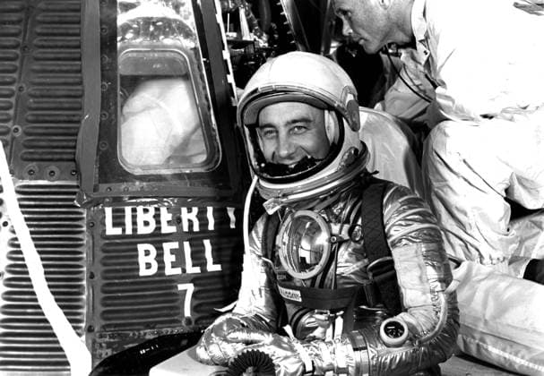 61-MR4-76 (1961) --- Astronaut Virgil I. (Gus) Grissom, suited up and ready to climb into Liberty Bell 7 spacecraft, poses for a picture. Backup pilot John Glenn is in the right corner of the view behind Grissom. The Mercury-Redstone 4 (MR-4) mission was scrubbed a few hours later due to unfavorable weather over the launch pad. Copyright: xpiemagsx piemagsspace-50588 !ACHTUNG AUFNAHMEDATUM GESCHÄTZT!