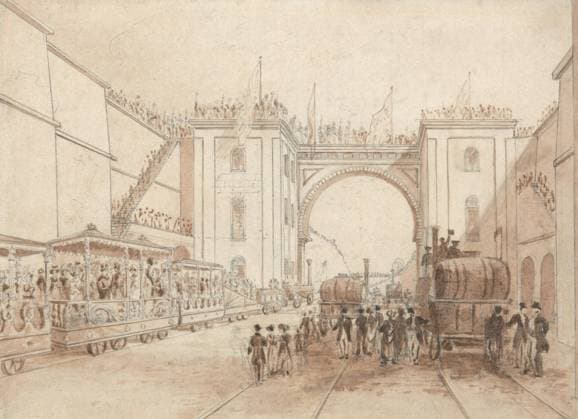 IMAGO History, Die Geburt des Eisenbahnverkehrs: 1802-1830 Isaac Shaw, active 1830, Opening of the Liverpool and Manchester Railway, ca. 1830. Brown wash, brown ink, and graphite on medium, smooth, cream wove paper. Copyright: xpiemagsx yapie250121-6947 !ACHTUNG AUFNAHMEDATUM GESCHÄTZT!