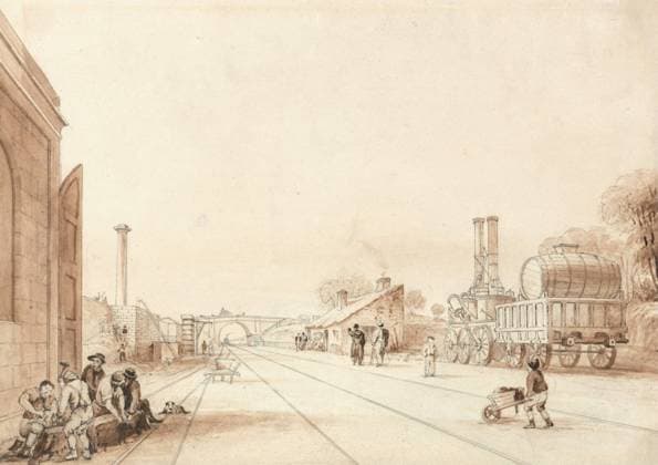 IMAGO History, Die Geburt des Eisenbahnverkehrs: 1802-1830 Isaac Shaw, active 1830, View on the Liverpool and Manchester Railway with the Locomotive Twin Sisters in a Siding, ca. 1830. Brown wash, brown ink, and graphite on medium, smooth, cream wove paper. Copyright: xpiemagsx yapie250121-6951 !ACHTUNG AUFNAHMEDATUM GESCHÄTZT!