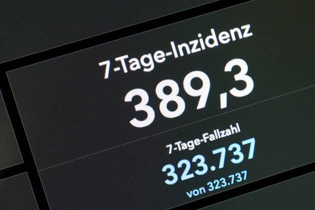 RKI dashboard, 7 day incidence is now 389.3 7 day incidence, RKI dashboard on a monitor on 08 08 2022 in Siegen Germany.