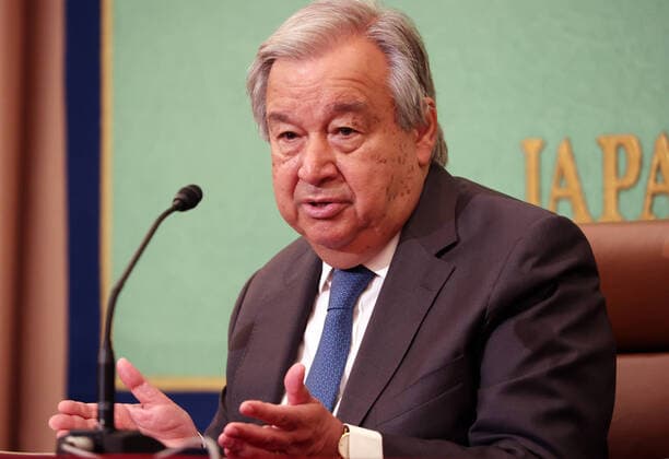 News Themen der Woche KW32 News Bilder des Tages August 8, 2022, Tokyo, Japan - United nations Secretary General Antonio Guterres delivers a speech at the Japan National Press Club in Tokyo on Monday, August 8, 2022. Guterres arrived in Japan on August 5 to attend the A-bomb memorial ceremony in Hiroshima on August 6.  , aflo_195338123.jpg,