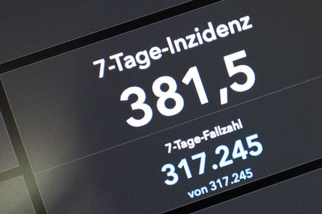 RKI dashboard, 7 day incidence is now 381.5 7 day incidence, RKI dashboard on a monitor on 09 08 2022 in Siegen Germany.