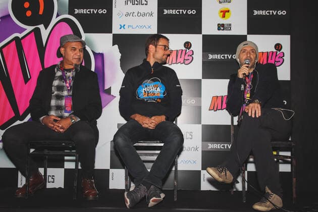SÃO PAULO, SP - 10.08.2022: COLETIVA E PREVIEW DO PREMIO MUS - Press conference for the launch of the MUS Award at Audio in São Paulo on Wednesday night (10). The award seeks to promote, amplify and support new and old talents in Brazilian music. In the photo, Clemente Nascimento from the band Inocentes, one of the event& 39;s curators, Raphael Denadai, representative of DirectTV, sponsor of the event, and Marcelo Rossi, creator of the event. x2247712x  YurixMurakami