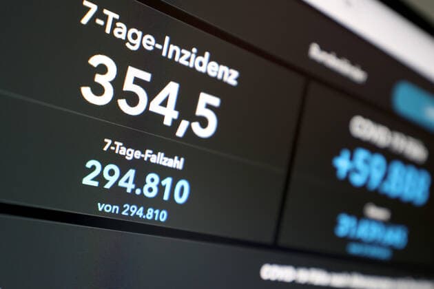 RKI dashboard, 7 day incidence is now 354.5 7 day incidence, RKI dashboard on a monitor on 11 08 2022 in Siegen Germany.