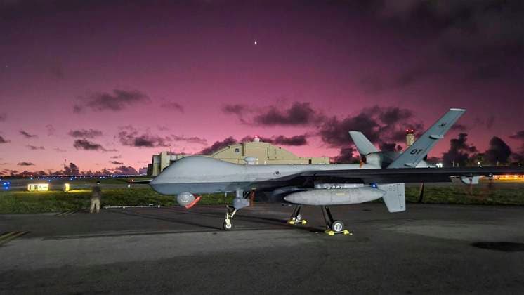 August 2, 2022, Indian Springs, NV, United States of America: A U.S. Air Force MQ-9 Reaper drone assigned to the 556th Test and Evaluation Squadron, on the flight-line during sunset at Creech Air Force Base, August 2, 2022 in Indian Springs, Nevada. The MQ-9 Reaper was deployed for the first time in exercise Valiant Shield flying sorties over distances of 9,000 across the Pacific Ocean. Indian Springs United States of America - ZUMAp138 20220802_zaa_p138_011 Copyright: x1stxLtxLindseyxHeflin UsxAirx