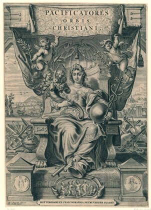 Title print for the set of Pacificators, 1648; Pacificators Orbis Christiani. Female personification of peace, sitting on a throne. In her hands, she holds a cornucopia and the prescription, left and right of the throne musical instruments and scientific instruments that symbolize the liberal arts. In the background the recovery after the war of agriculture and home building. Title print for the series Celeberrimi Ad Pacificandum Christiani Nominis Orbem Legati Monasterium et ingnabrugas etc. , Antwerp 1648. Series Portraits to paintings by Anselmus van Hulle of all delegates in the peace negotiations in Münster and Osnabrück. Copyright: xpiemagsx rmxl210521-17214 !ACHTUNG AUFNAHMEDATUM GESCHÄTZT!