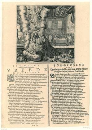 Allegory on the peace of Osnabrück, 1648; Honor close to the Langh-Ghewenste Vreeden in Duytslant; LOB poem VOR DEM LangeDünscht und Nun Gottdanck Erlangen Ewigen Frieden in Teutschlandt. Allegory on the peace of Osnabrück, 1648. Sheet with a print and a poem in Dutch and in German. The performance shows how the peace sinked from the sky wipes the tears from the face of the kneeling personification of Germany. On the lie broken symbols of the war. In the background the signature and publication of the peace treaty. Copyright: xpiemagsx rmxl210521-22087 !ACHTUNG AUFNAHMEDATUM GESCHÄTZT!