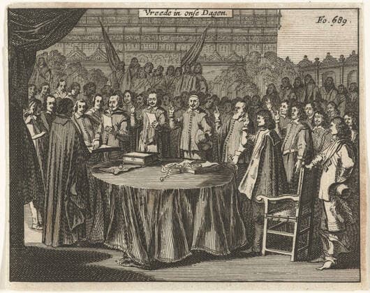 The swear of the Munster peace, 1648; Vreede In Onse Days. Attending the Peace of Munster on May 15, 1648, in the large hall or ferseal of the town hall in Munster. The delegates are around a table and lay the oath with raised hand. Signature at the top right: Fo. 689. Copyright: xpiemagsx rmxl210521-22500 !ACHTUNG AUFNAHMEDATUM GESCHÄTZT!