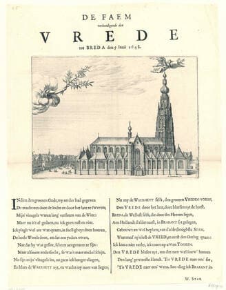 Proclamation of the Peace of Munster in Breda, 1648; The FAEM proclaimed peace to Breda den 5 Iunii 1648. Allocation of the Munster Peace in Breda, 5 June 1648. View of the Onze-Lieve-Vrouwekerk or Grote Kerk in Breda. Above the church tower the fame proclaims peace, left a hand from the clouds with an olive branch. Under the show a Dutch verse about two columns. Copyright: xpiemagsx rmxl210521-27873 !ACHTUNG AUFNAHMEDATUM GESCHÄTZT!