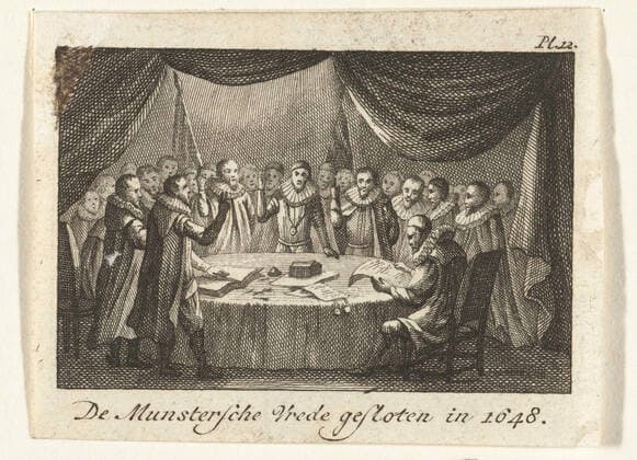 Signature of the Munster peace, 1648; De Munstersche Vrede closed in 1648. Estimate the peace of Munster on May 15, 1648, in the large room or ferse senal of the town hall in Munster. The delegates are around a table and lay the oath with raised hand. Signature at the top right: PL. 12. Copyright: xpiemagsx rmxl210521-33794 !ACHTUNG AUFNAHMEDATUM GESCHÄTZT!