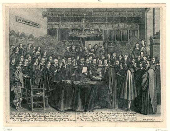 Attracting Munster Peace, 1648. Attending Munster Peace on May 15, 1648, in the Great Hall or Friedsensal of the City Hall in Munster. The delegates are around a table and lay the oath with raised hand. With caption of 2 verses of 4 lines in Dutch. Copyright: xpiemagsx rykslarge203062021-4398 !ACHTUNG AUFNAHMEDATUM GESCHÄTZT!