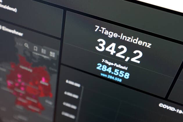 RKI dashboard, 7 day incidence is now 342.2 7 day incidence, RKI dashboard on a monitor on 13 08 2022 in Siegen Germany.