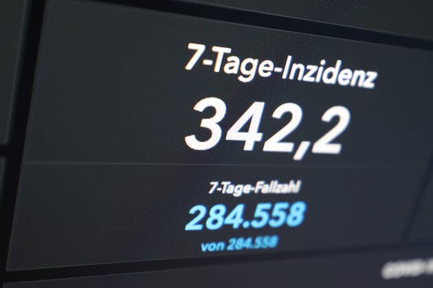 RKI dashboard, 7 day incidence is now 342.2 7 day incidence, RKI dashboard on a monitor on 13 08 2022 in Siegen Germany.