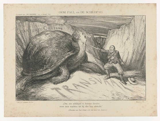 Uncle Paul and the turtle. Cartoon at the Jameson RAID in Transvaal on the weekend of December 29, 1895 on January 2, 1896. The South African President Paul Kruger sticks a sword through the neck of a huge turtle with Dr. s head. Leander Jameson, the leader of the raid. Down a two-legged quote from Kruger. Appeared in the attachment of De Kroniek of January 12, 1896. Copyright: xpiemagsx rmxl17062021part5-18992 !ACHTUNG AUFNAHMEDATUM GESCHÄTZT!
