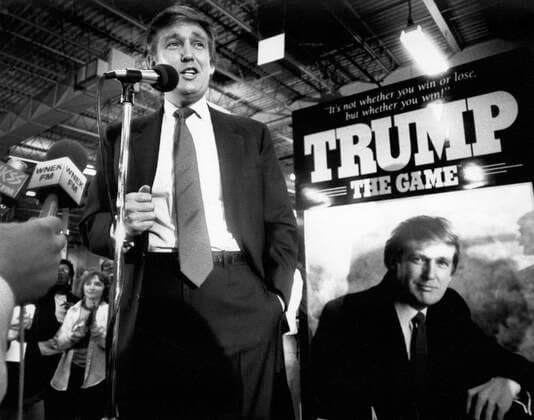 May 4, 1989, Longmeadow, Massachusetts, USA: DONALD J. TRUMP, 42, visiting Milton Bradley (top board game company in world) Headquarters, Thursday, to meet with producers of his new game, Trump: The Game. The New York real estate magnate stepped down from his shiny black helicopter at Milton Bradley Co. for an hour to celebrate a new board game named for him. Trump pledged to give away his royalties from sales of Trump the Game to the homeless and research on AIDS, multiple sclerosis and other diseases. The slogan of the game reads It s not whether you win or lose but whether you win! Longmeadow USA - ZUMAby1_ 19890504_rua_by1_692 Copyright: xRenÃ exC.xByerx