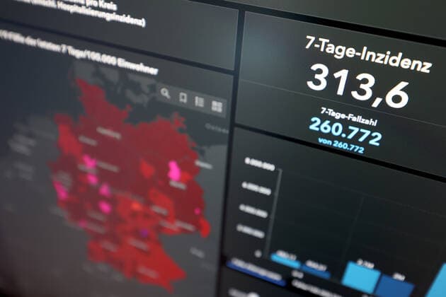 RKI dashboard, 7 day incidence is now 313.6 7 day incidence, RKI dashboard on a monitor on 16 08 2022 in Siegen Germany.
