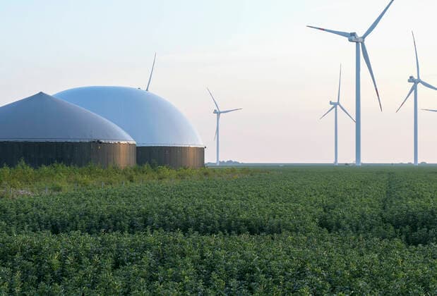 Germany, Biogas plant GERMANY, farm with Biogas plant *** DEUTSCHLAND, Schleswig-Holstein, Reußenkoog, Windpark, Biogasanlage und Acker mit Ackerbohne Bredstedt Schleswig-Holstein Germany
